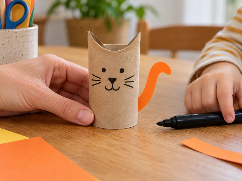 Eine einfache Katze aus einer braunen Papprolle mit eingedrücktem oberen Rand, aufgemaltem Gesicht und orangem Papierschwanz.