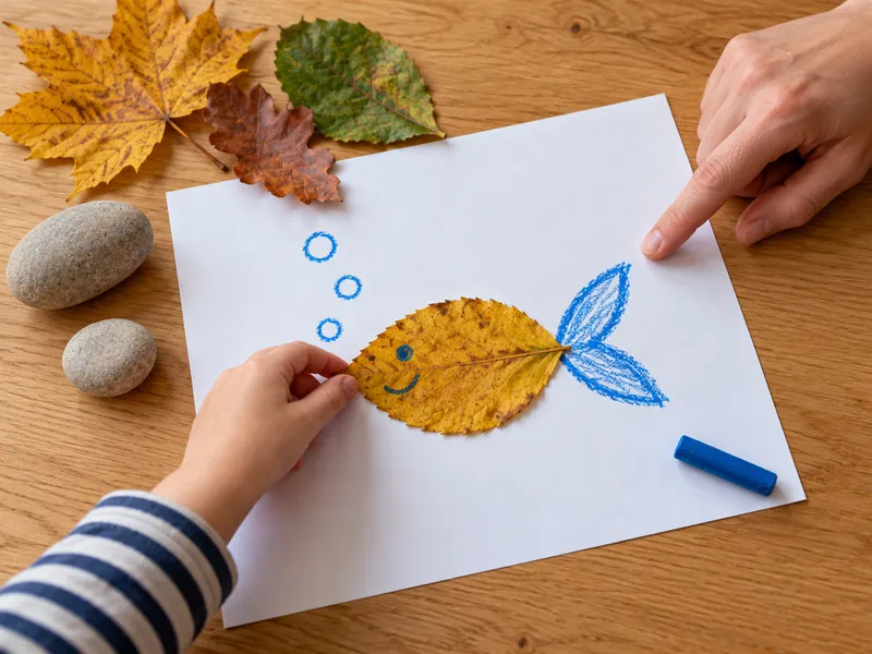 Ein Herbstblatt liegt als Fischkörper auf Papier; daneben sind mit Stiften eine Schwanzflosse und Blasen gemalt.