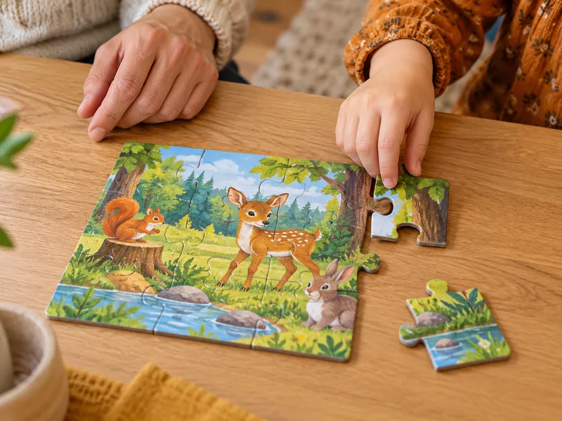 Kinderhände und eine erwachsene Hand legen gemeinsam ein kleines Tierpuzzle mit großen Teilen.