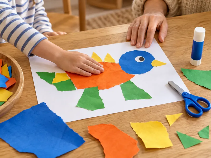 Ein Kind klebt große bunte Papierstücke zu einem Fantasietier; eine geschlossene Kinderschere liegt daneben.