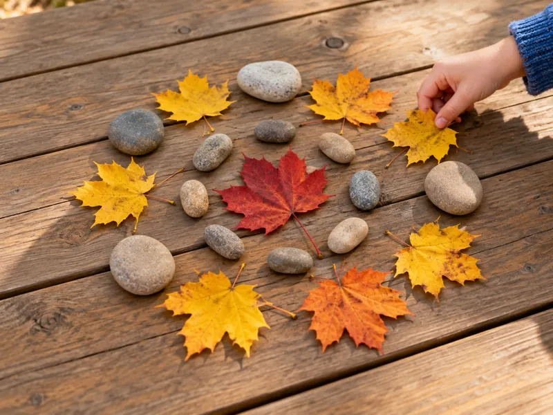 Ein Kind legt Herbstblätter und große glatte Steine in Kreisen um ein rotes Blatt.