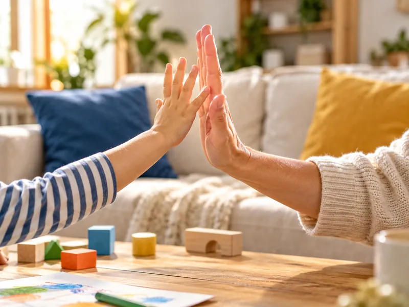 Eine Kinderhand und eine erwachsene Hand klatschen sich vor einem gemütlichen Sofa ab.