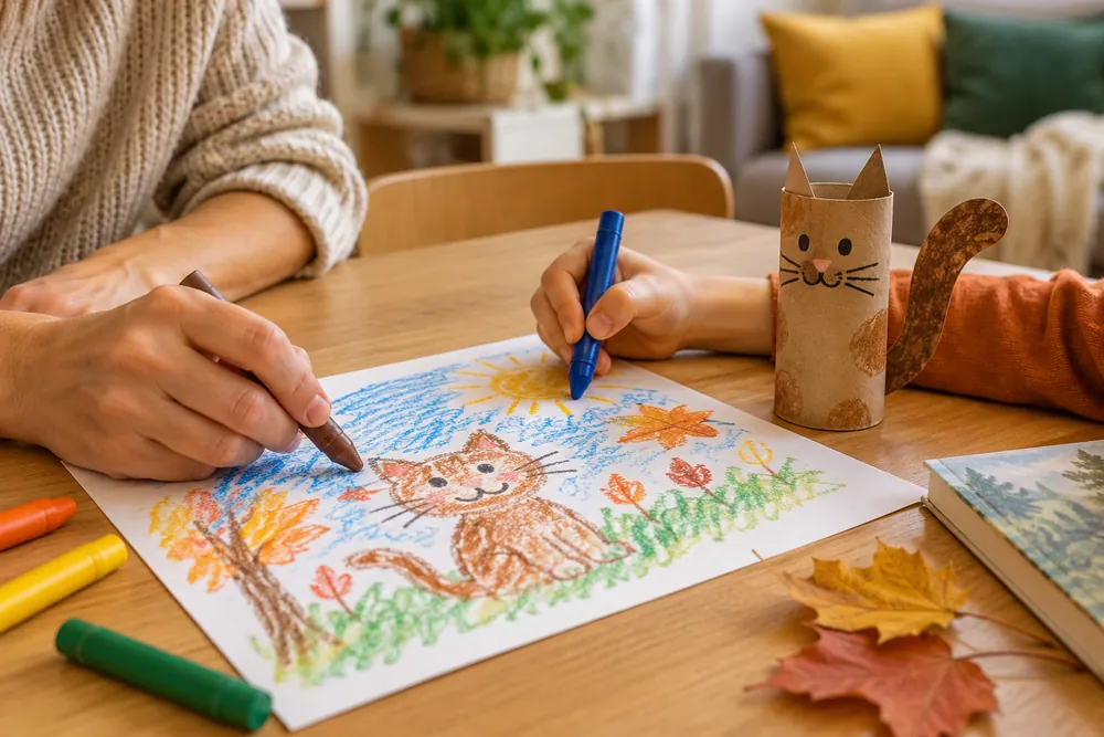 Kinderhände und eine erwachsene Hand malen gemeinsam am Tisch; daneben liegen ein Buch, Blätter und eine kleine Katze aus einer Papprolle.