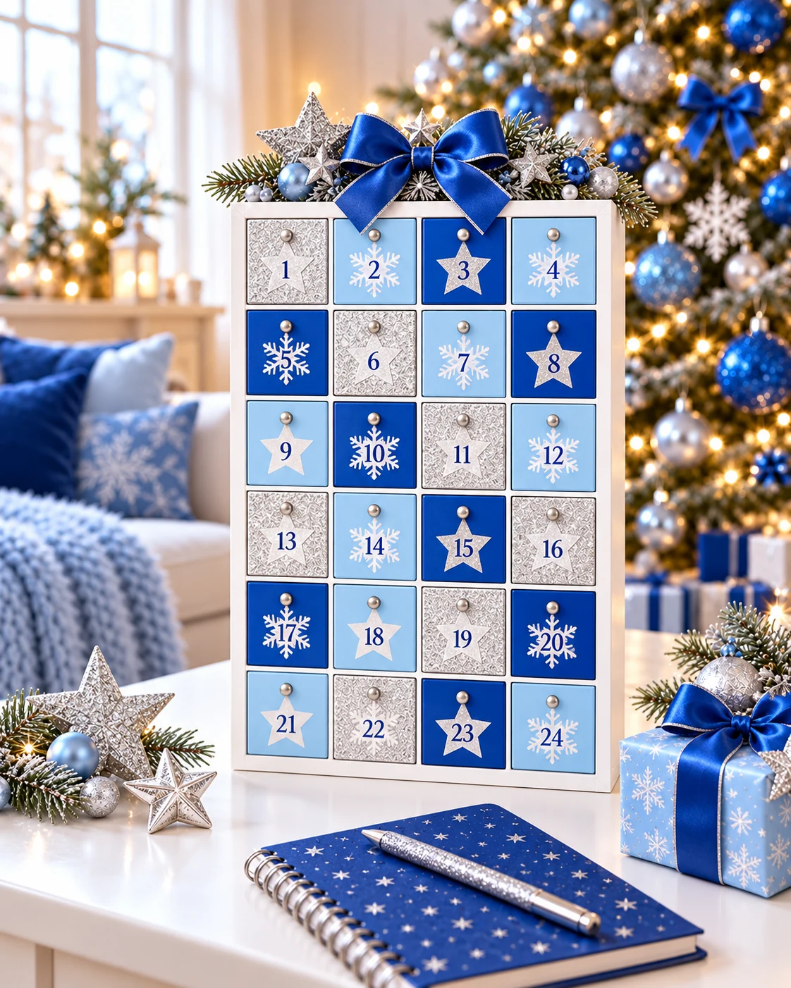 Symbolbild: eleganter Adventskalender in Hellblau, Königsblau und Silber mit Glitzersternen, Schleifen und festlicher Weihnachtsdeko.