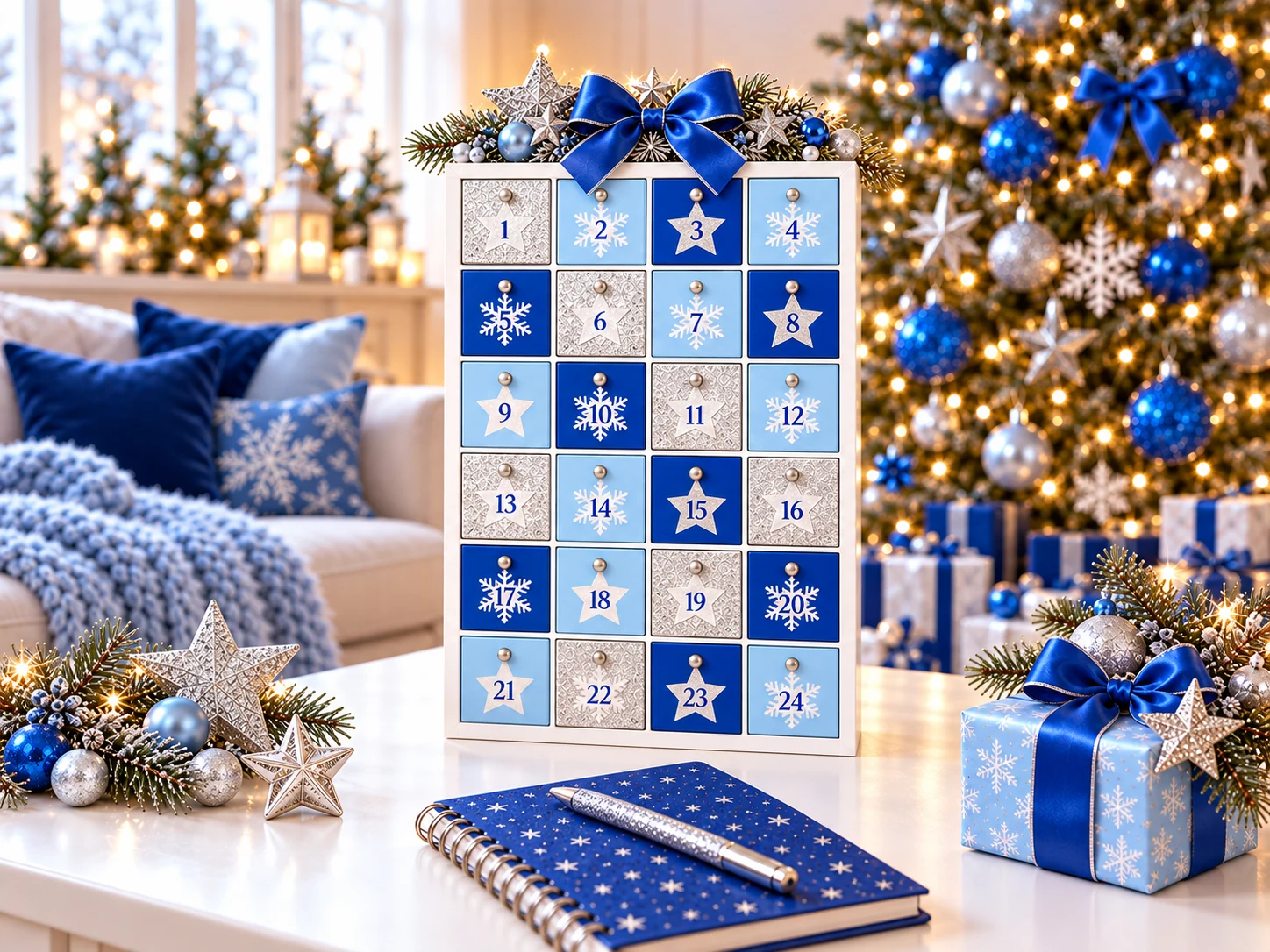 Symbolbild: eleganter Adventskalender in Hellblau, Königsblau und Silber mit Glitzersternen, Schleifen und festlicher Weihnachtsdeko.