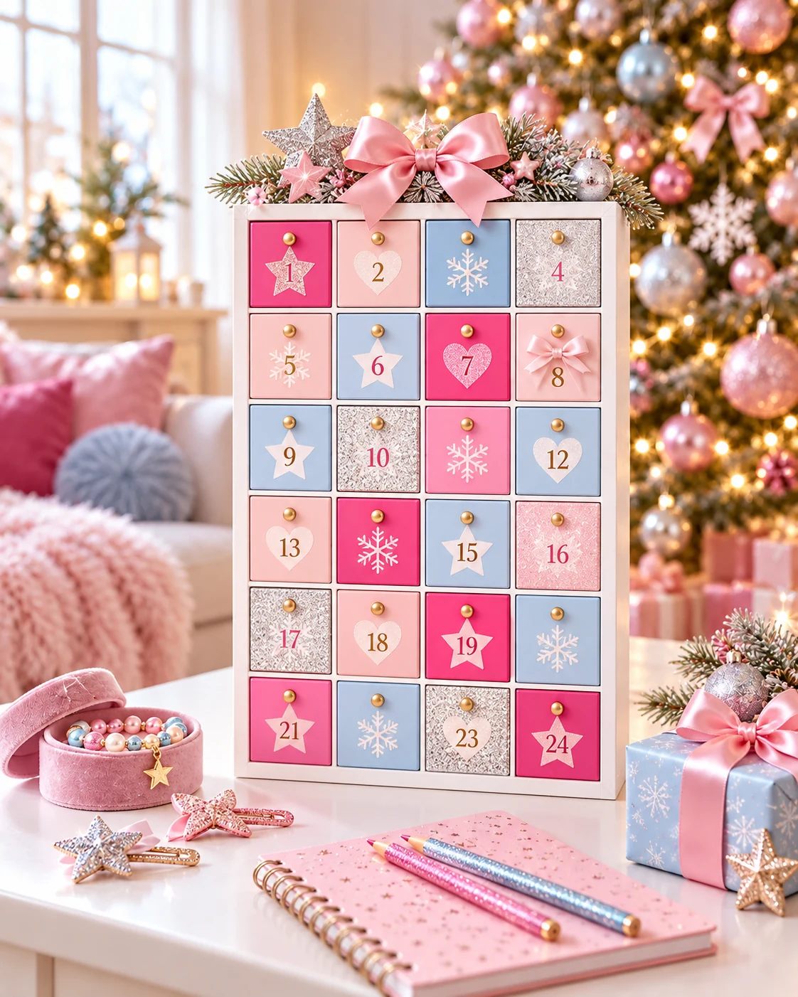 Symbolbild: Adventskalender in Pink, Rosa und Hellblau mit Glitzer, Schleifen und Sternen, daneben Schmuck und ein Notizbuch.