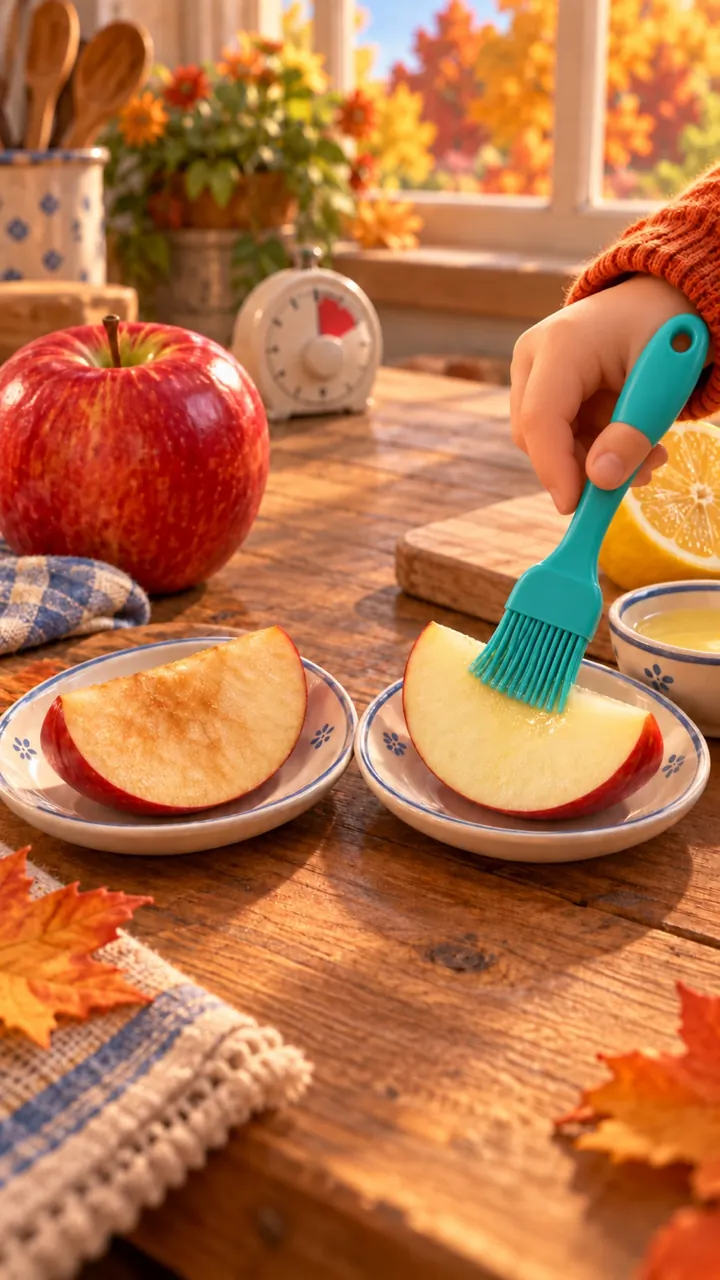 Ein Apfelstück wird mit einem türkisfarbenen Backpinsel mit Zitronensaft bestrichen; daneben liegt ein bereits gebräuntes Vergleichsstück.