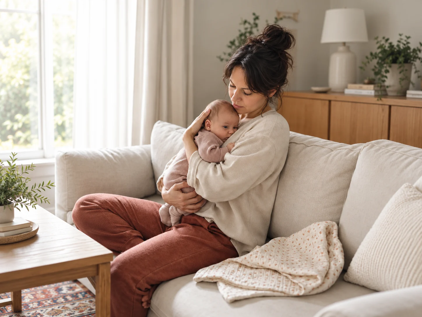 Eine Mutter sitzt auf dem Sofa und hält ihr waches Baby sicher und geborgen im Arm