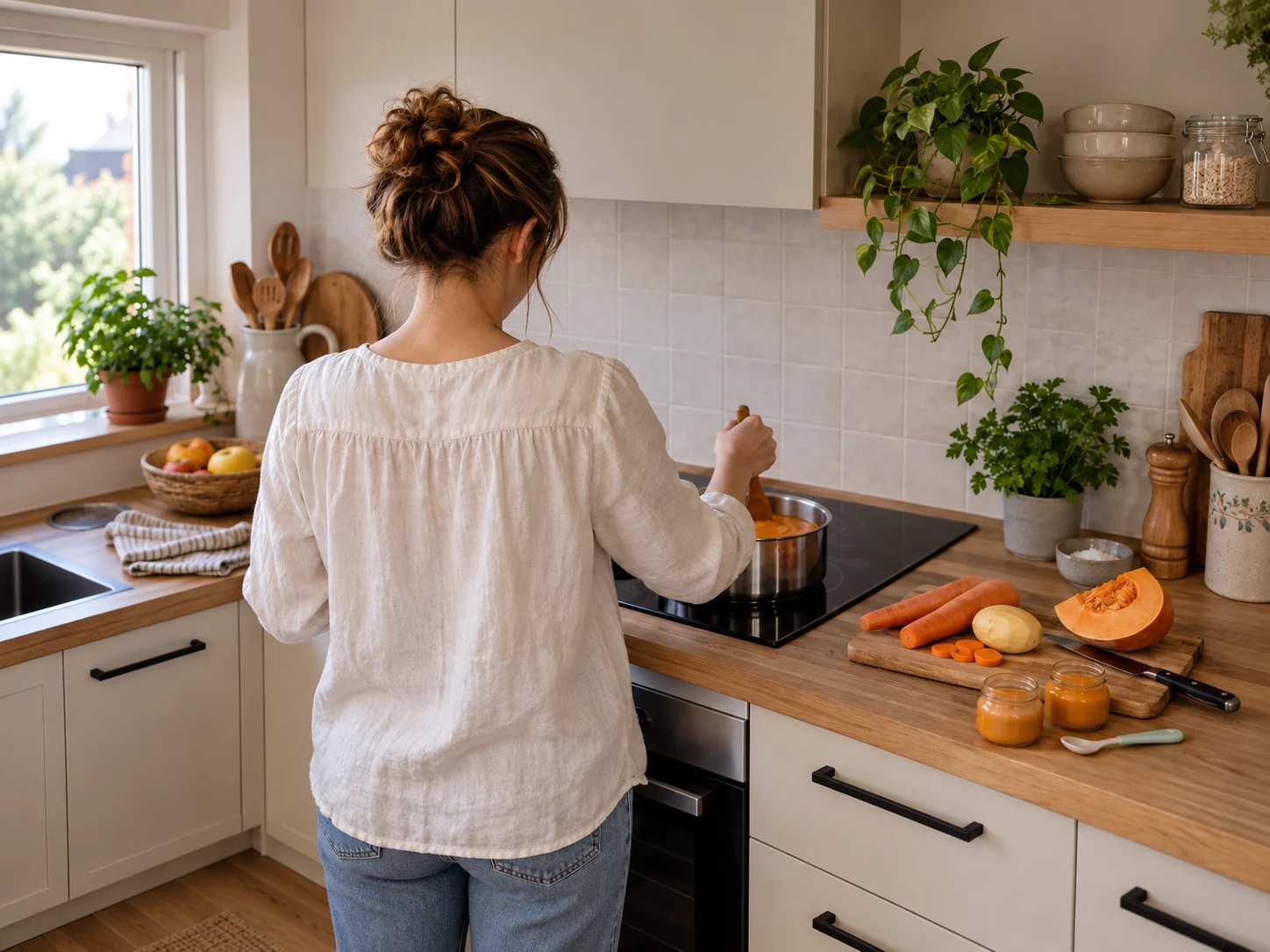 Eine Mama kocht Babybrei in ihrer Küche, von hinten gesehen