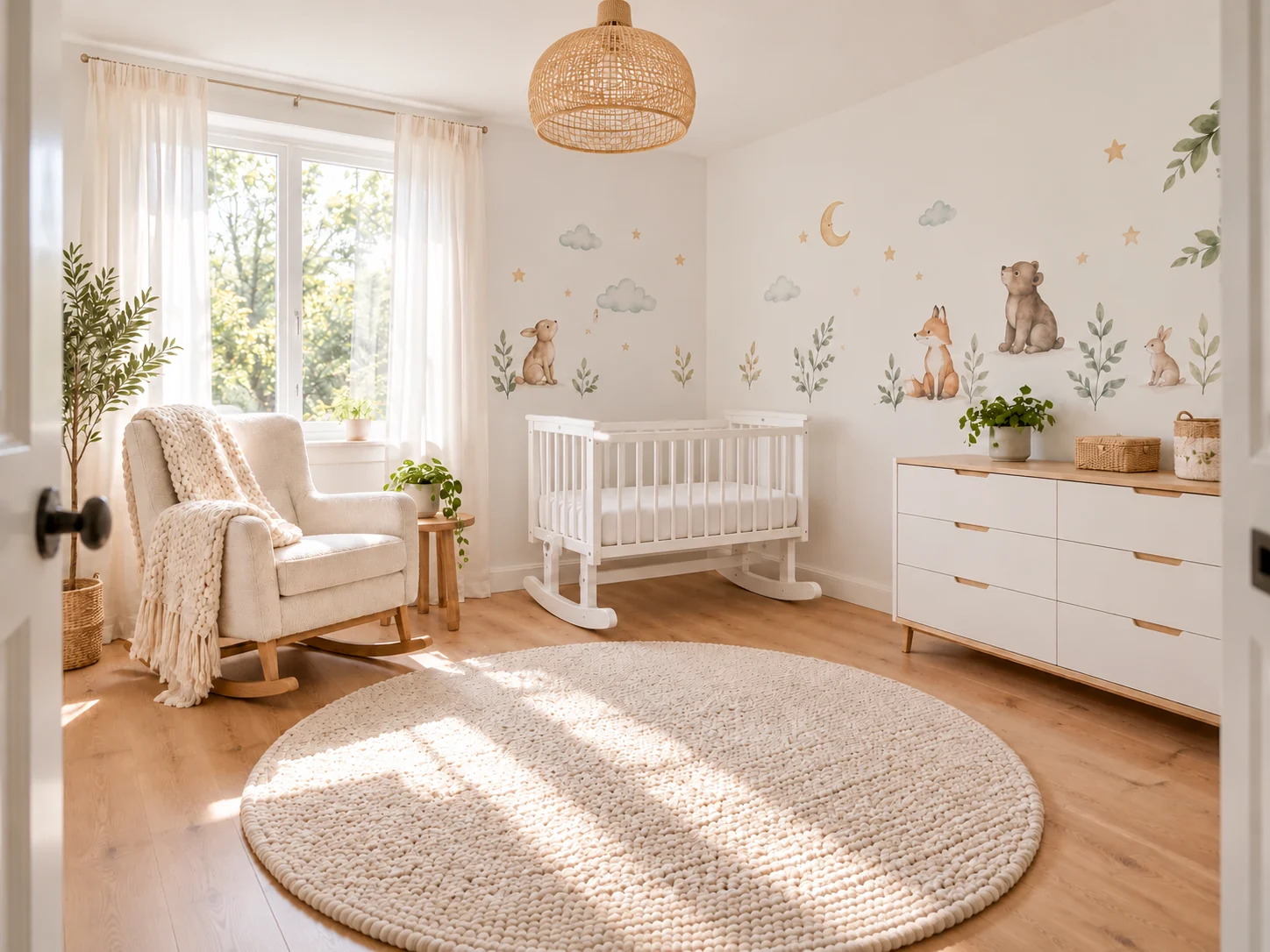 Modernes weißes Babyzimmer mit Babywiege, Schaukelstuhl, Grobstrickdecke, Kommode und niedlichen Waldtier-Stickern