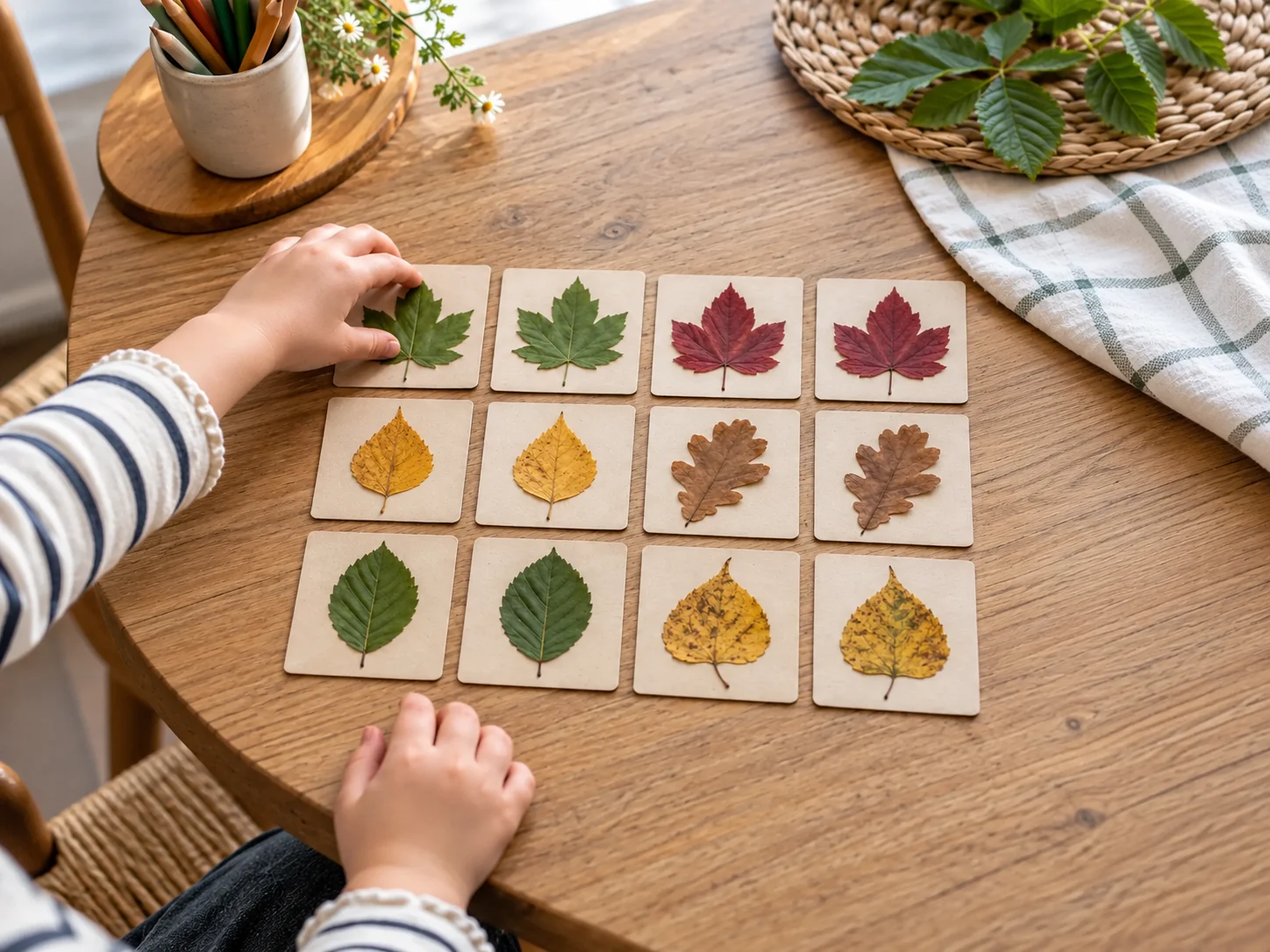 Zwölf selbst gemachte Spielkarten mit Herbstblättern in sechs Paaren aus gepressten grünen, gelben, roten und braunen Blättern auf einem Holztisch