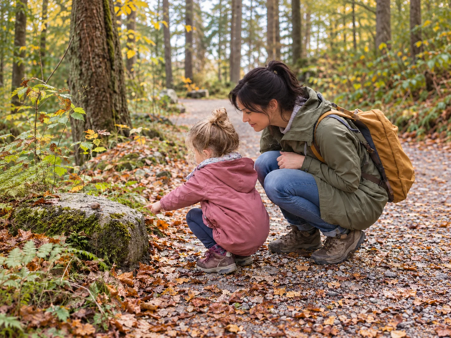 Eine Mutter und ihr Kind hocken am Wegesrand und betrachten gemeinsam eine kleine Schnecke.