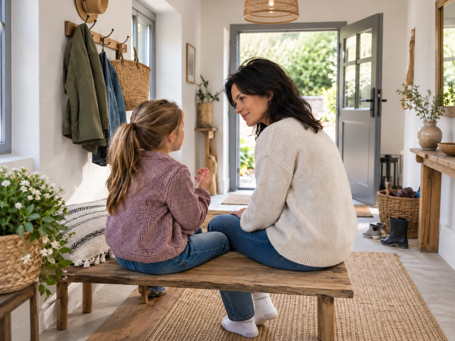 Eine Mutter hört ihrem Kind aufmerksam zu, während beide nebeneinander auf einer Holzbank sitzen.