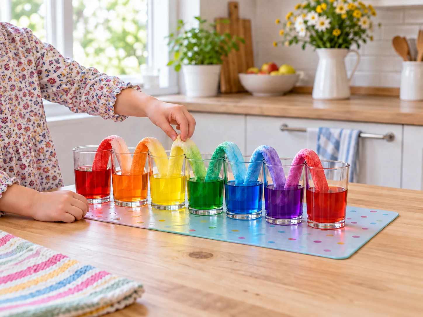 Sieben Gläser mit rotem, orangem, gelbem, grünem, blauem, lilafarbenem und rotem Wasser, verbunden durch sechs Bögen aus Küchenpapier