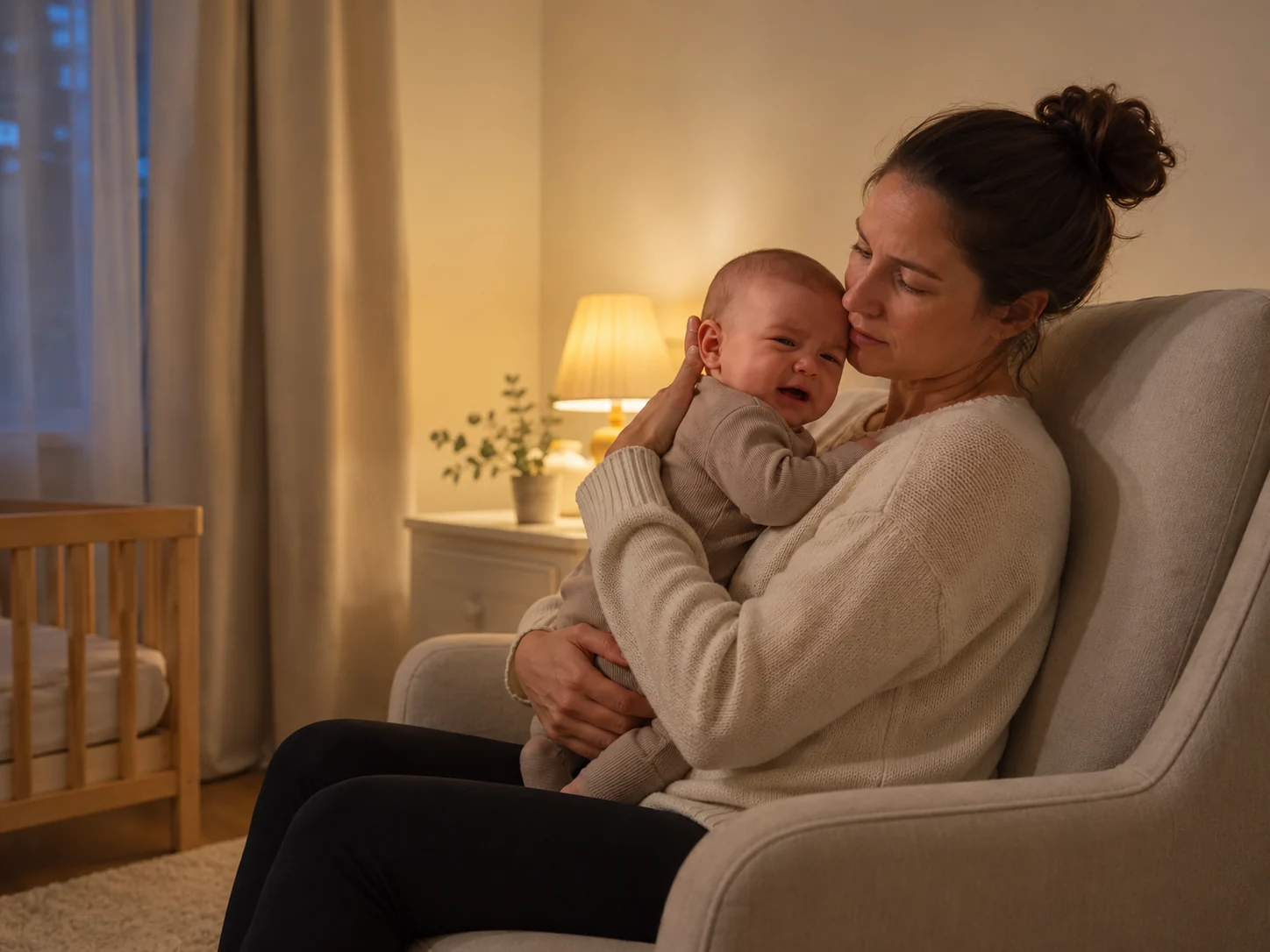 Mutter hält ihr waches Baby in einer ruhigen Abendstimmung