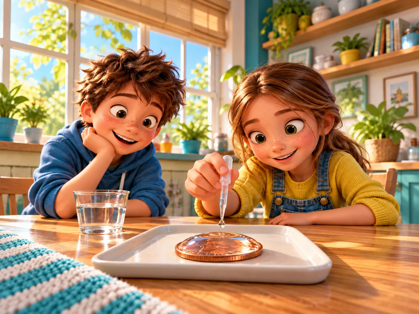 Zwei illustrierte Kinder tropfen mit einer Pipette Wasser auf eine Münze und beobachten die gewölbte Wasseroberfläche.