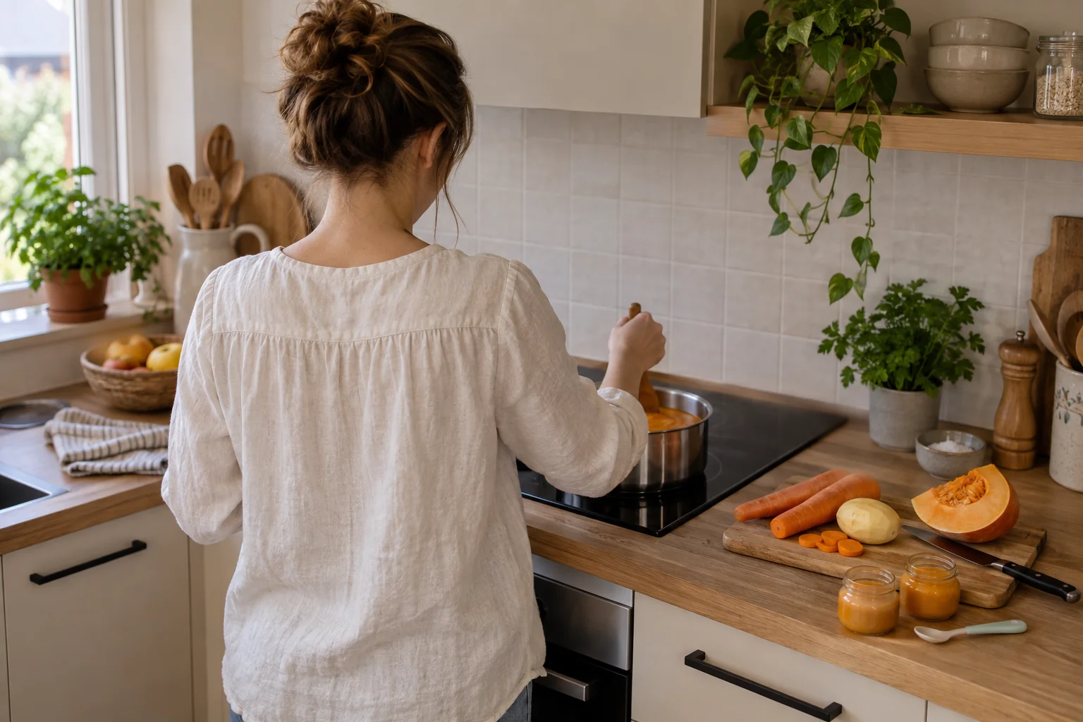 Eine Mama kocht Babybrei in ihrer Küche, von hinten gesehen