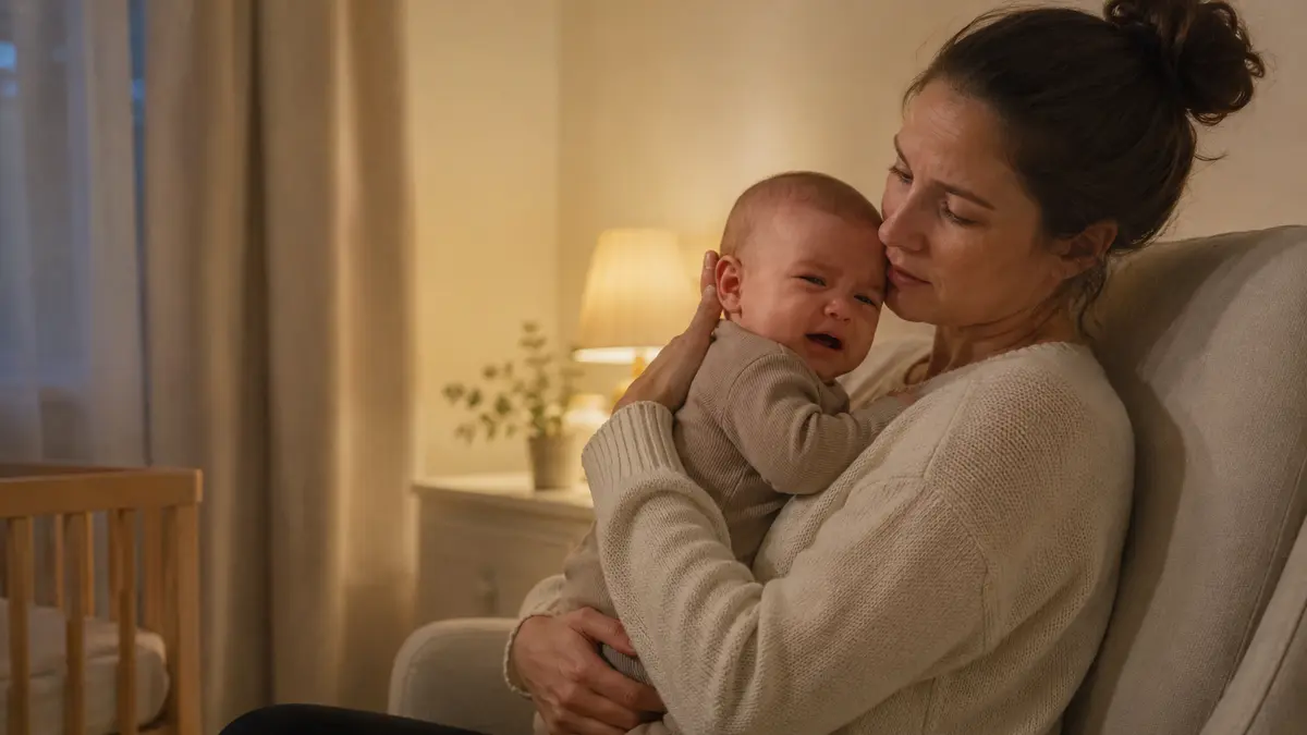 Mutter hält ihr waches Baby in einer ruhigen Abendstimmung