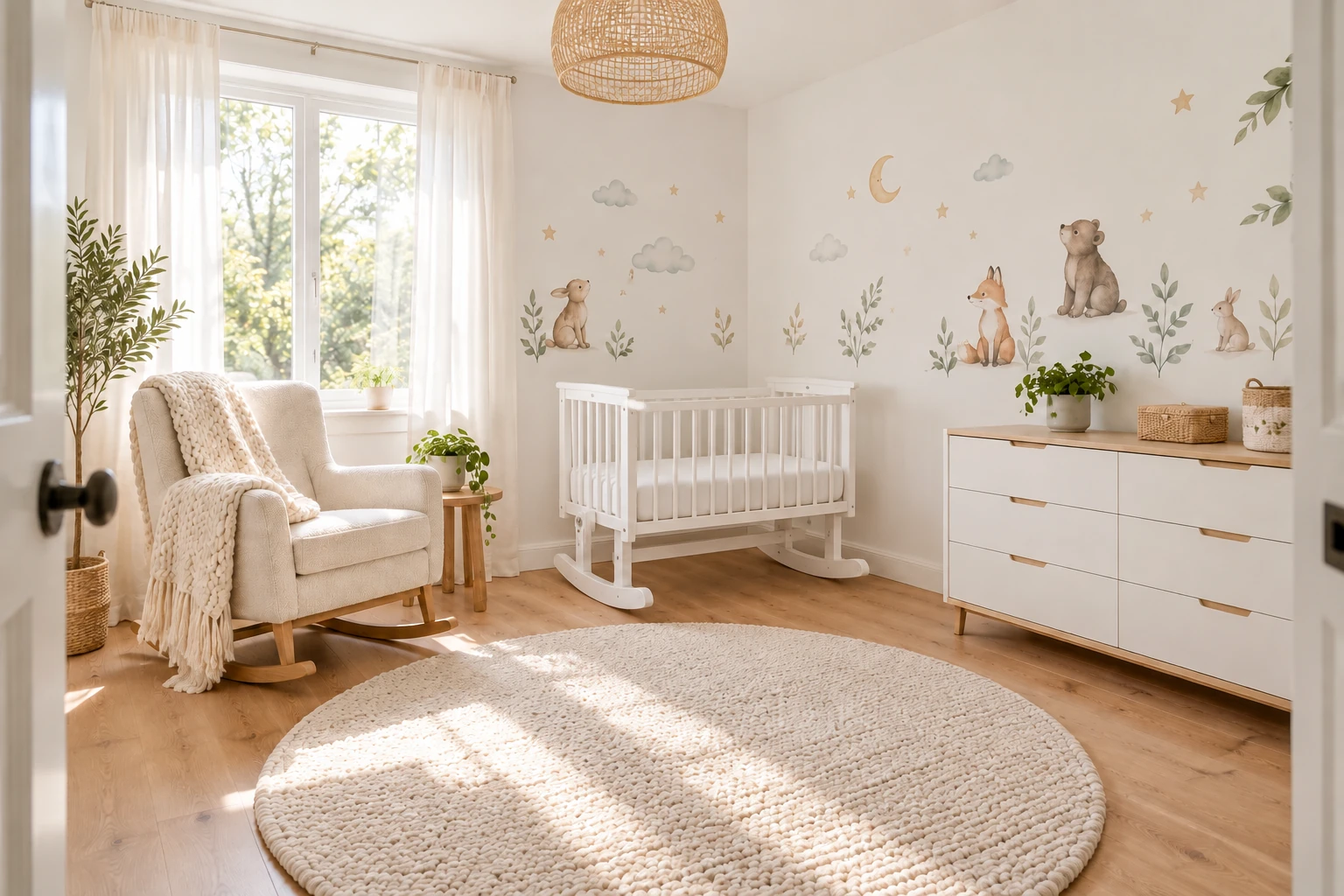 Modernes weißes Babyzimmer mit Babywiege, Schaukelstuhl, Grobstrickdecke, Kommode und niedlichen Waldtier-Stickern