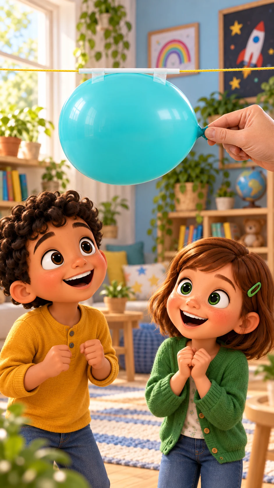 Zwei Kinder beobachten eine türkisfarbene Ballonrakete an einer gelben Schnur. Eine erwachsene Hand hält den Ballon vor dem Start geschlossen.