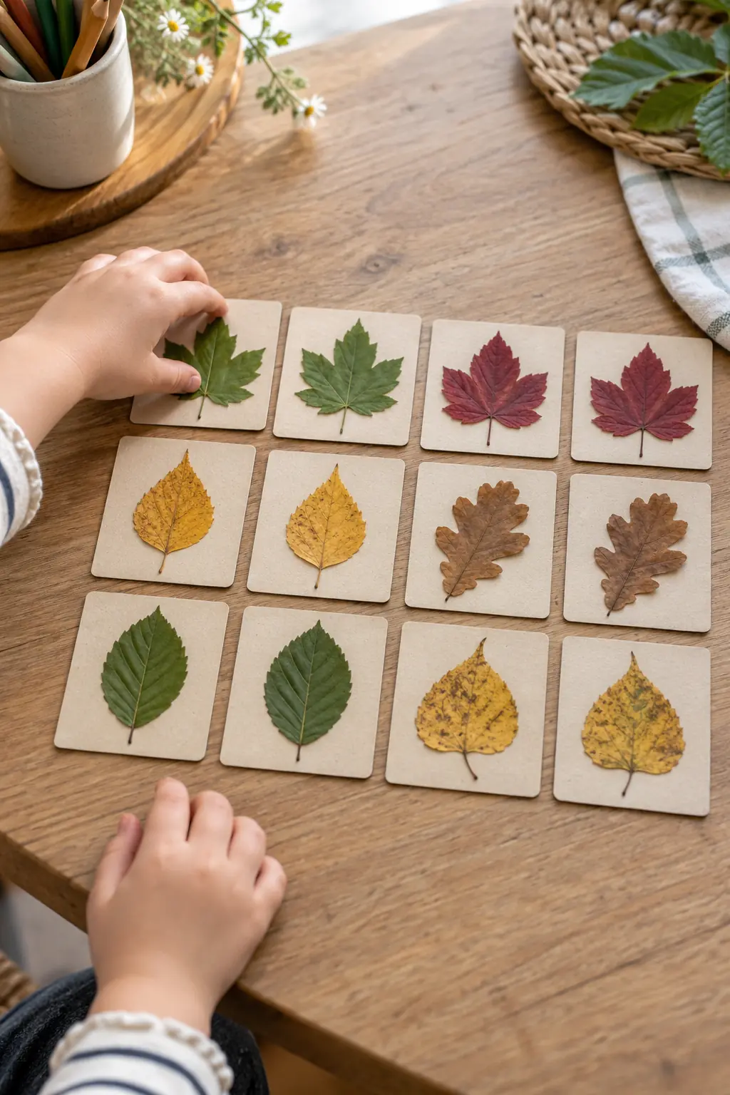 Zwölf selbst gemachte Spielkarten mit Herbstblättern in sechs Paaren aus gepressten grünen, gelben, roten und braunen Blättern auf einem Holztisch