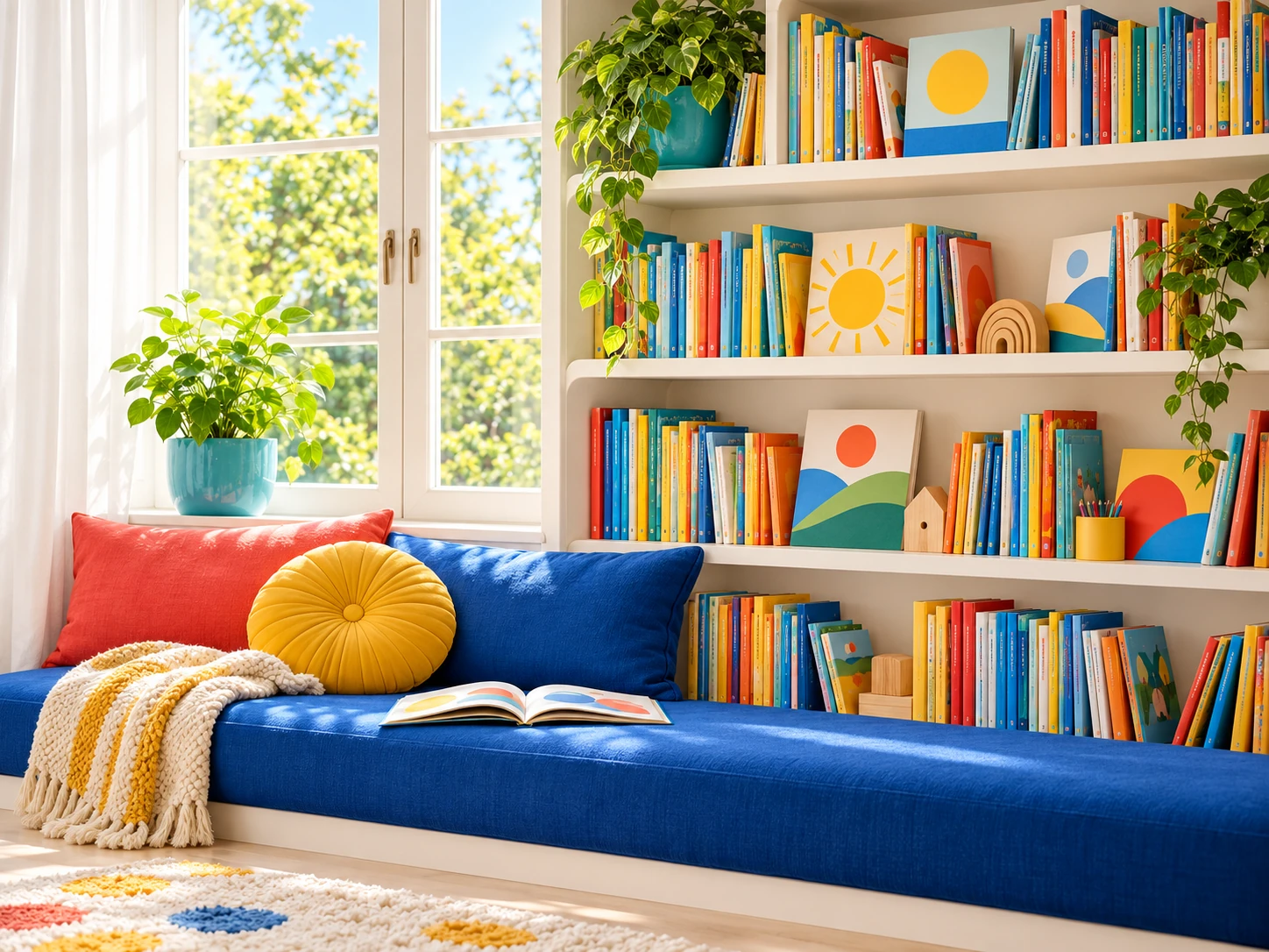 Moderne, farbenfrohe Leseecke mit blauer Sitzbank, gelben und roten Kissen sowie weißen Regalen voller bunter Kinderbücher.