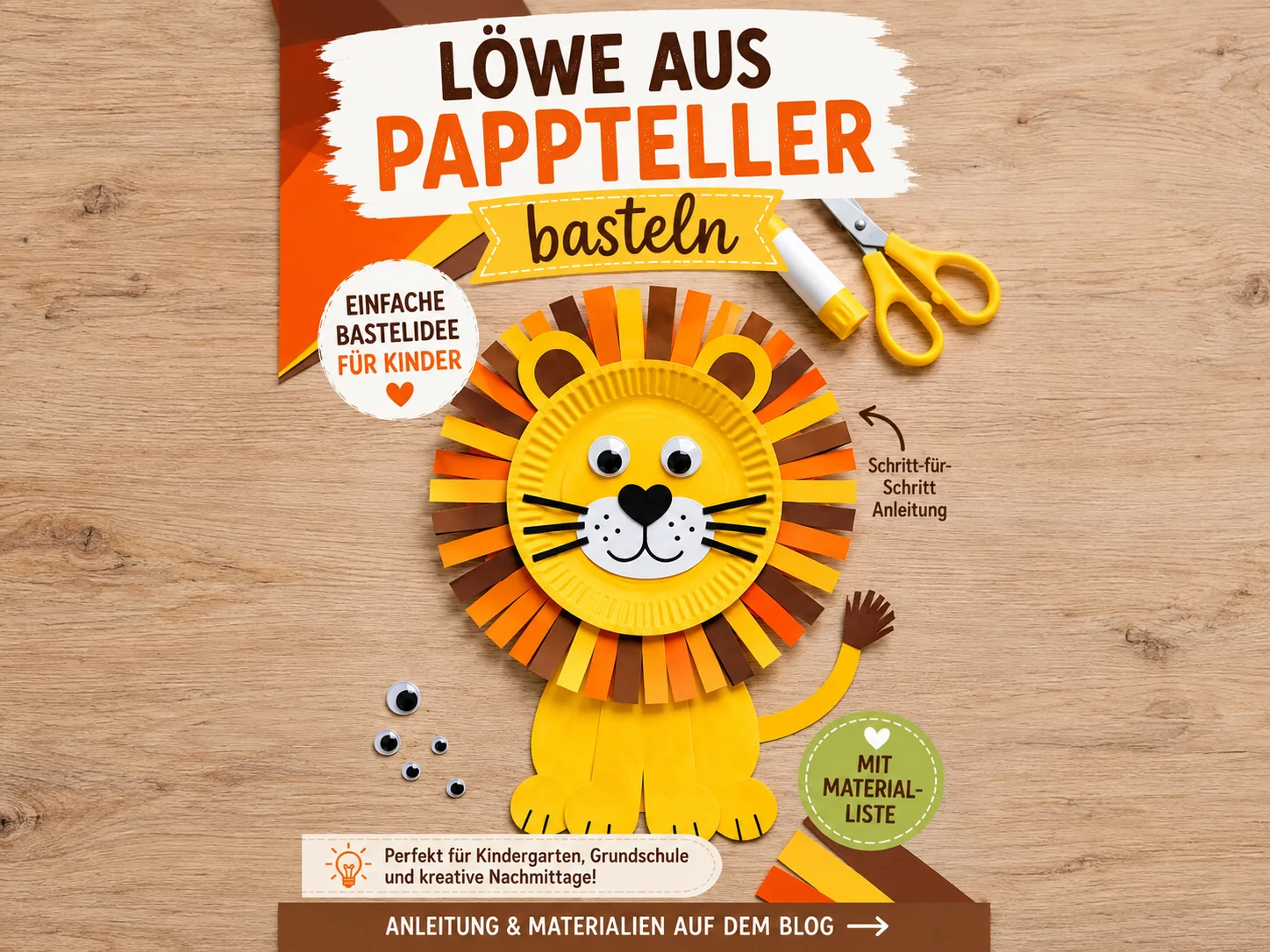 Bunter Löwe aus einem Pappteller mit großer Papiermähne