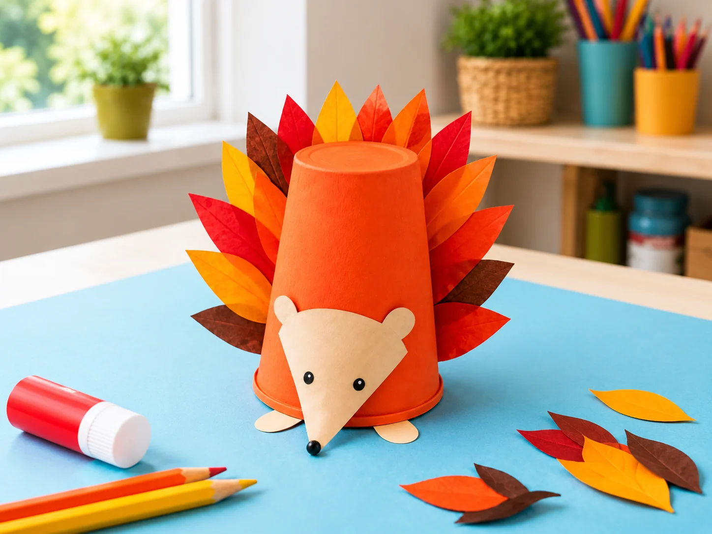 Farbenfroher Igel aus einem orange bemalten Pappbecher mit spitzer Papierschnauze und bunten Papierstacheln