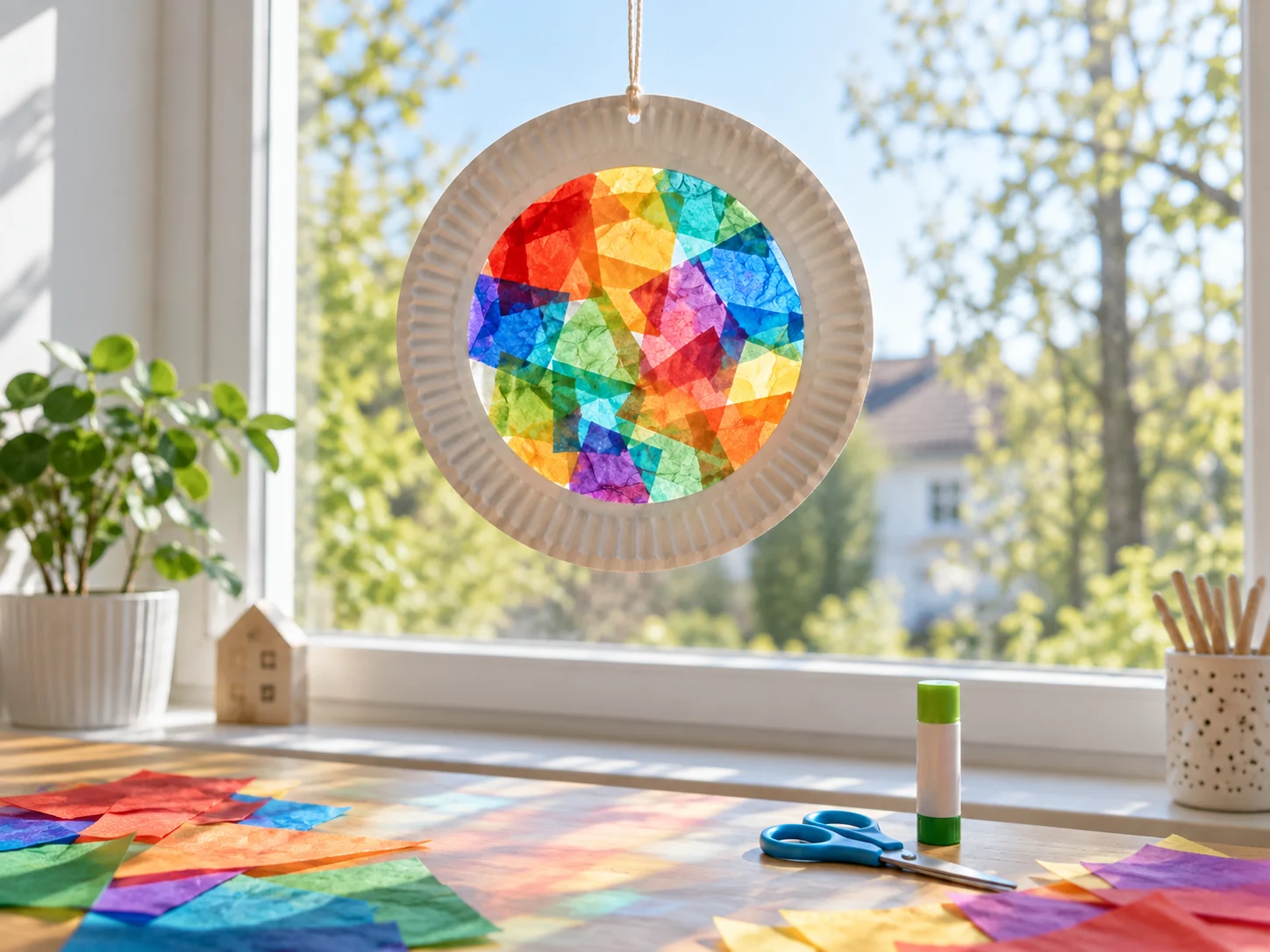 Bunter Sonnenfänger aus einem weißen Papptellerrand mit überlappenden Seidenpapierstücken vor einem hellen Fenster