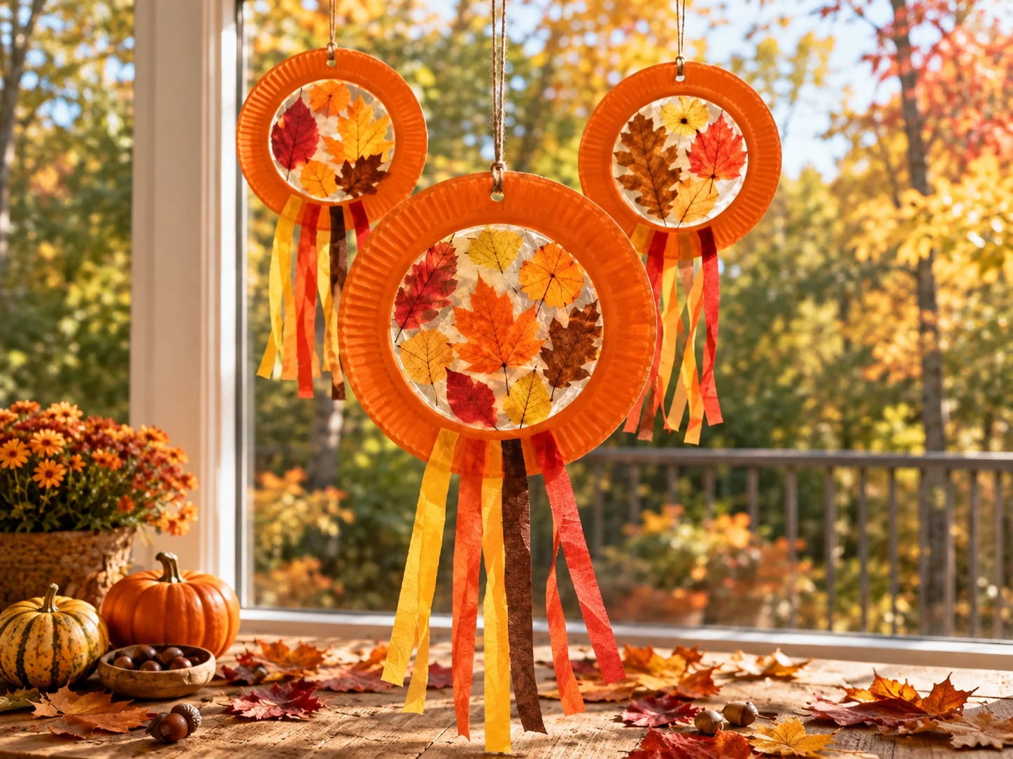 Herbstlicher Blätter Sonnenfänger aus einem Pappteller