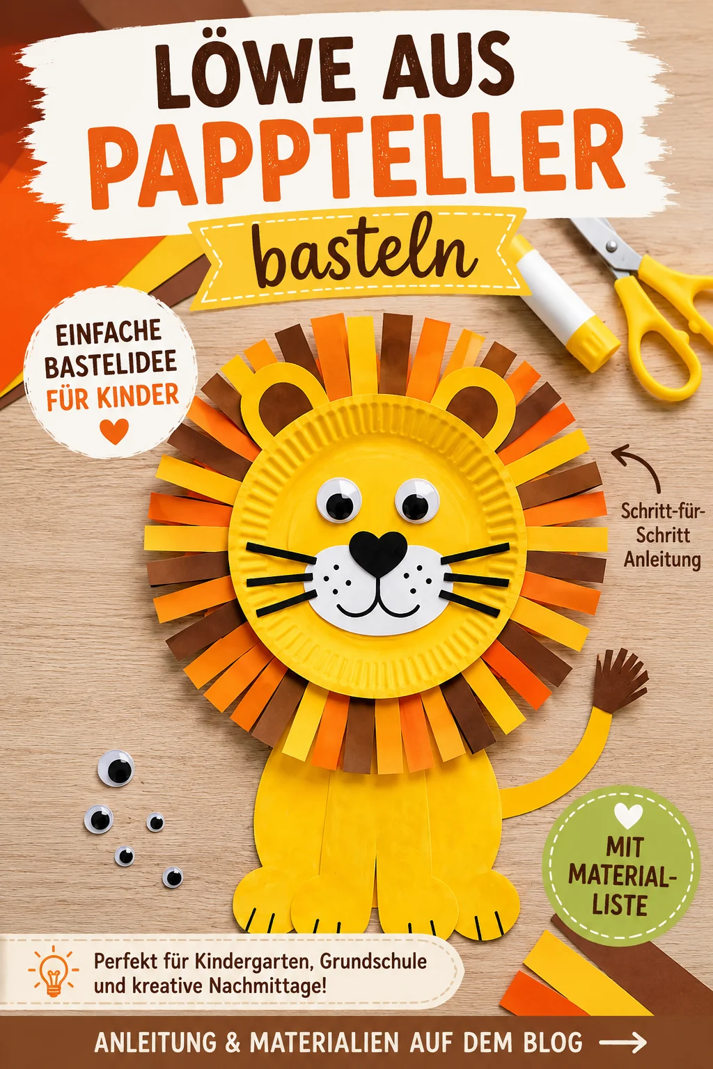 Gebastelter Löwe aus Pappteller mit bunter Papiermähne