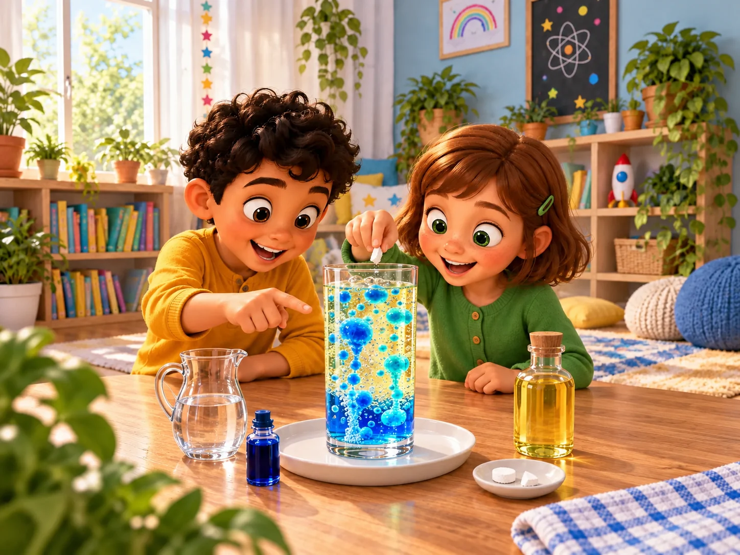 Zwei illustrierte Kinder beobachten blaue Tropfen und aufsteigende Blasen in einer selbst gemachten Lavalampe
