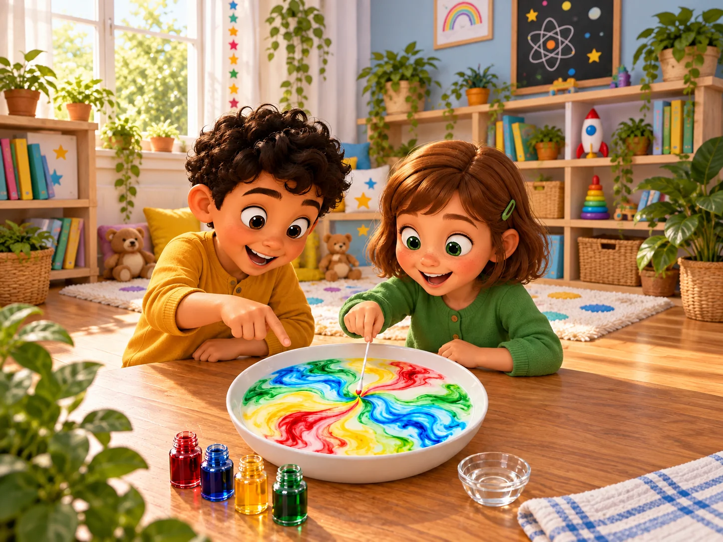 Zwei illustrierte Kinder beobachten bunte Farbwirbel in einer großen Schale mit Milch