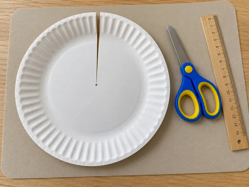 Ein Pappteller mit einem einzelnen Einschnitt vom Rand bis zur markierten Mitte.