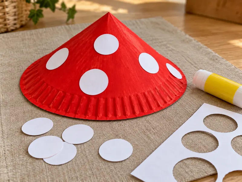 Weiße Papierkreise werden auf einen roten Pilzhut geklebt.