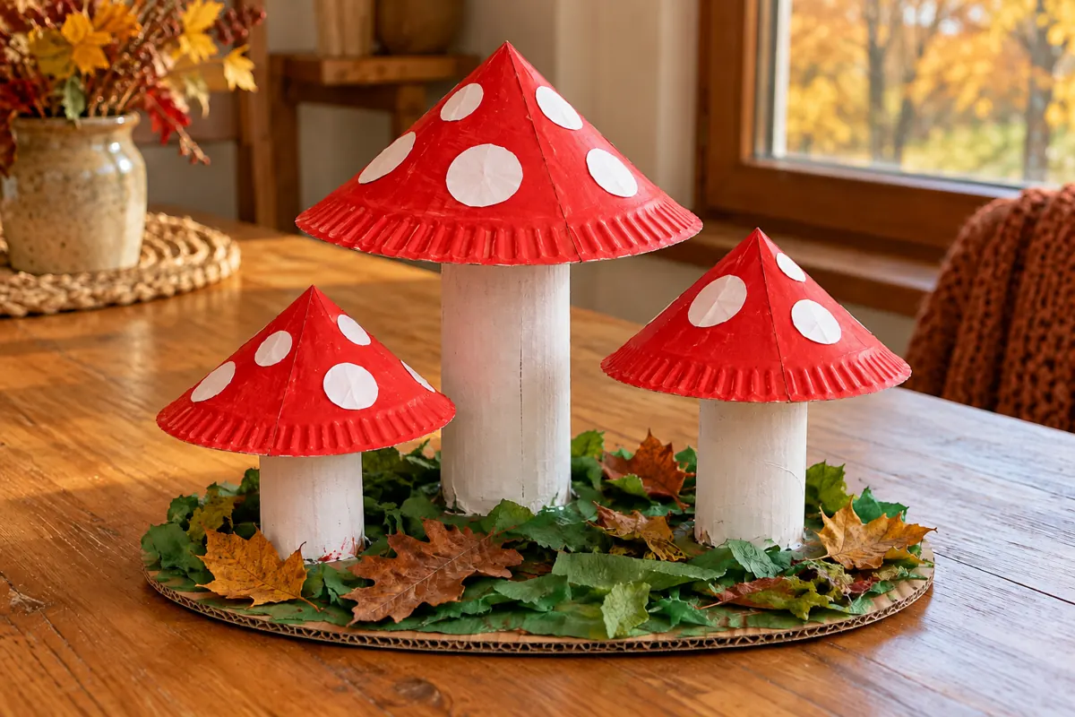 Drei selbst gebastelte Fliegenpilze mit roten Papptellerhüten, weißen Punkten und Papprollenstielen.