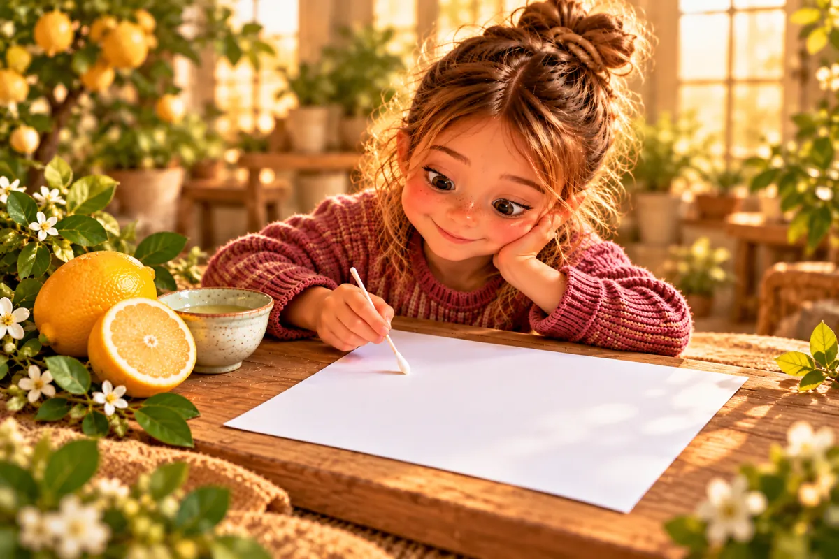 Kind malt mit einem Wattestäbchen und Zitronensaft auf weißes Papier