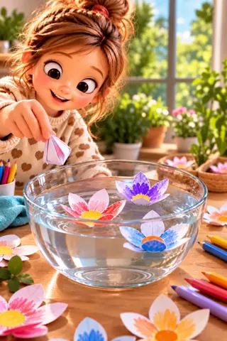 Zauberblumen aus Papier in einer Wasserschale