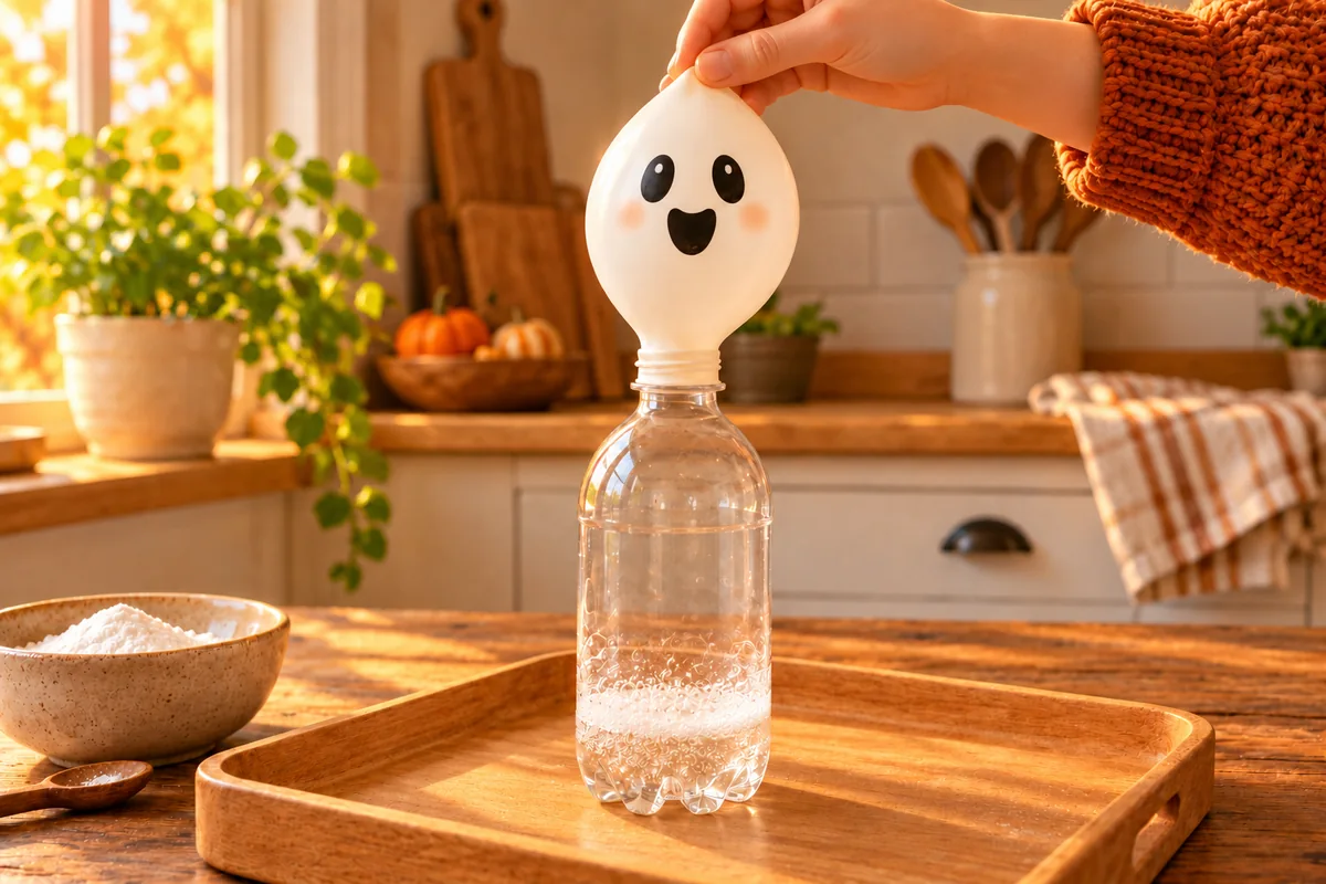Eine erwachsene Hand richtet den Ballon auf, in der Flasche schäumt die Mischung