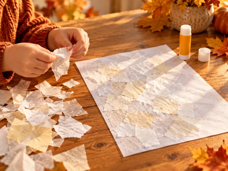 Kinderhände reißen weißes Transparentpapier; daneben liegt ein teilweise mit Schnipseln beklebter Bogen.