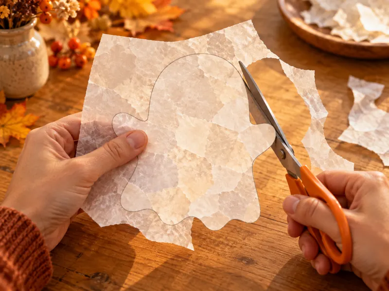 Erwachsene Hände schneiden die gezeichnete Geisterkontur aus dem beklebten Transparentpapier aus.