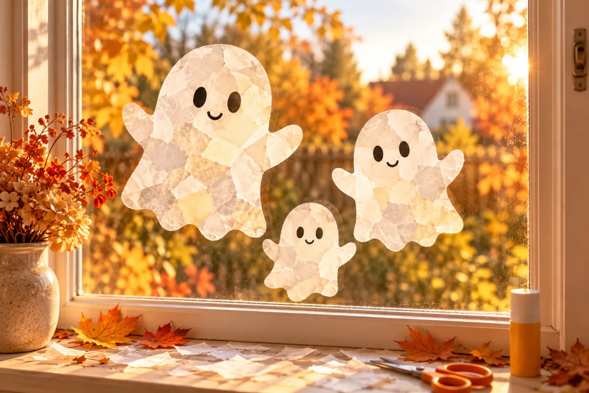 Drei leuchtende Gespenster aus weißem Transparentpapier am Fenster.