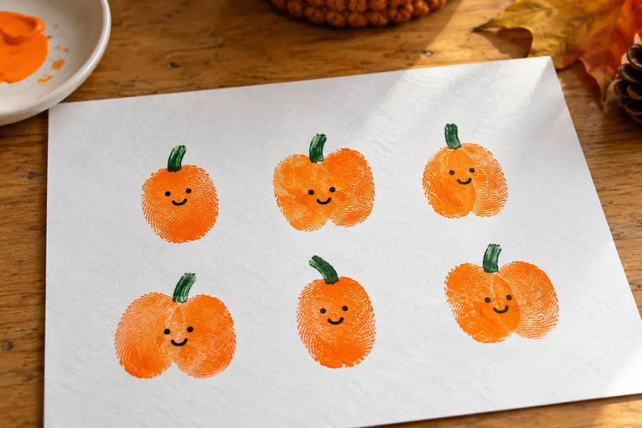 Kleine orange Kürbisse aus Fingerabdrücken mit grünen Stielen und aufgemalten Gesichtern auf weißem Papier.