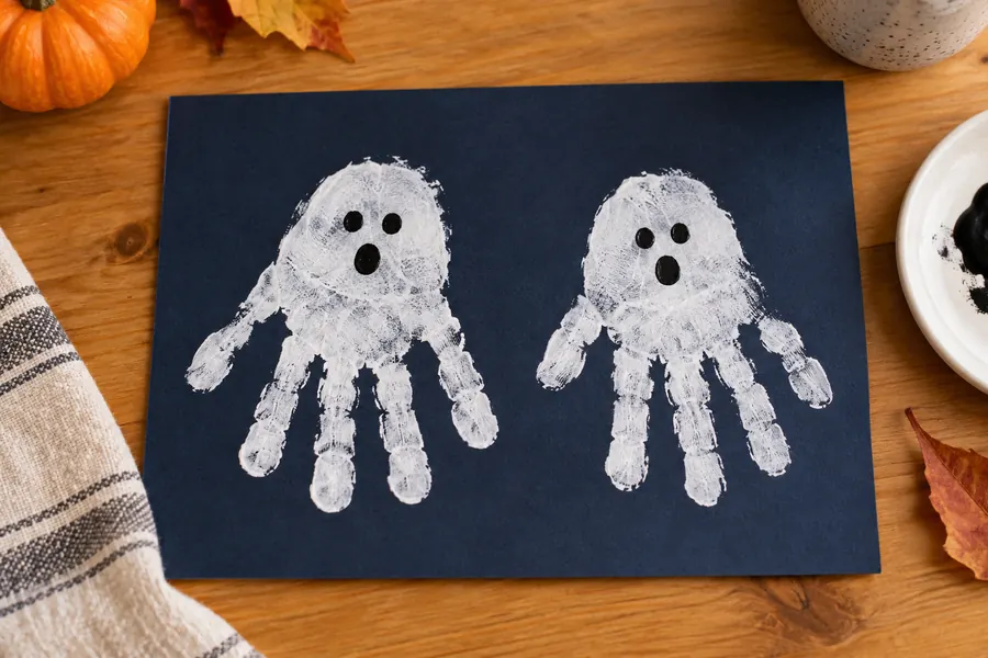 Zwei weiße Handabdruck-Gespenster auf dunkelblauem Papier, mit den Fingern nach unten und schwarzen Gesichtern in den Handflächen.