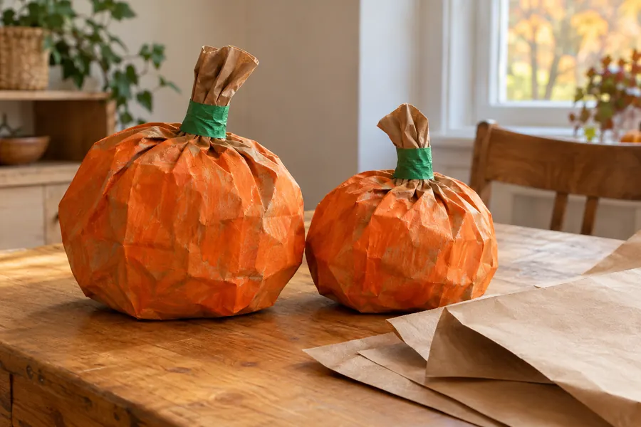 Zwei orange bemalte, mit Papier gefüllte Papiertüten als Kürbisse mit zusammengedrehten und grün umwickelten Stielen.