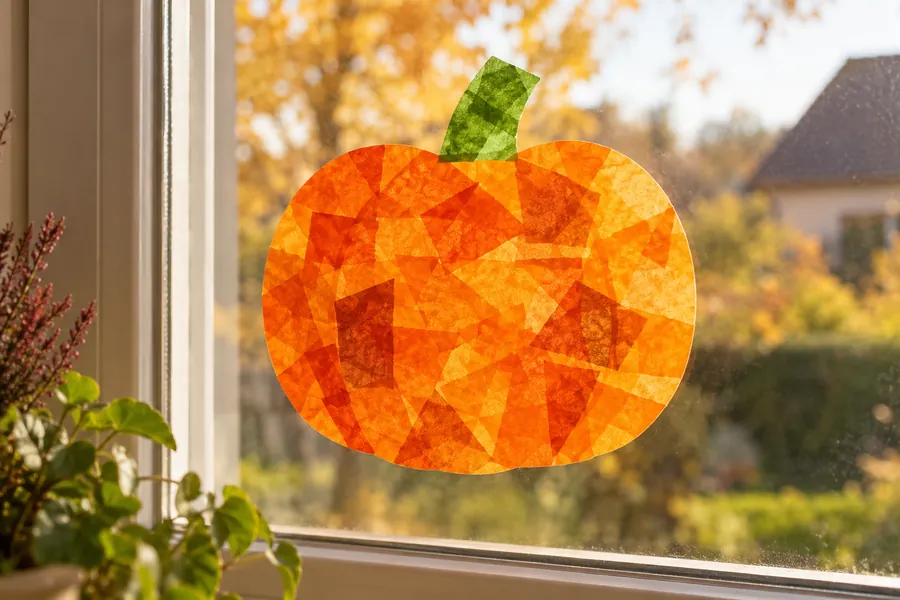 Ein leuchtend orangefarbenes Kürbis-Fensterbild aus überlappenden Seidenpapierstücken in transparenter Klebefolie.