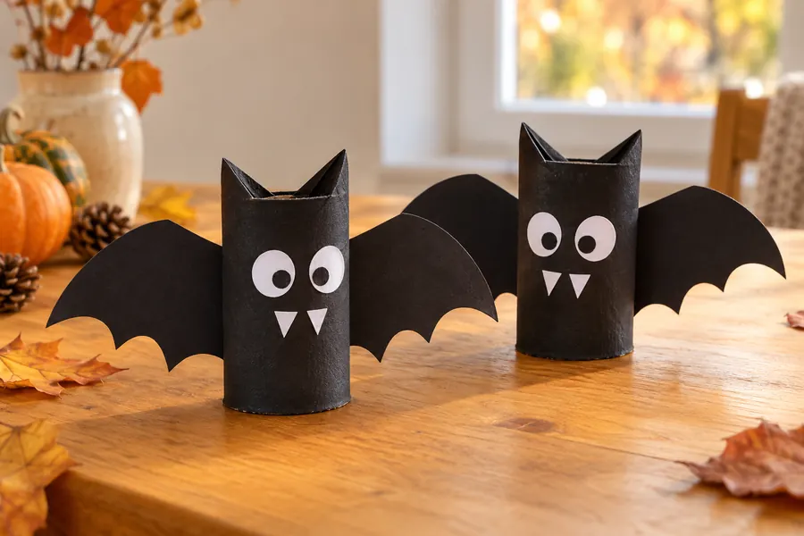 Zwei schwarze Fledermäuse aus bemalten Papprollen mit breiten Papierflügeln, Papieraugen und kleinen weißen Zähnen.