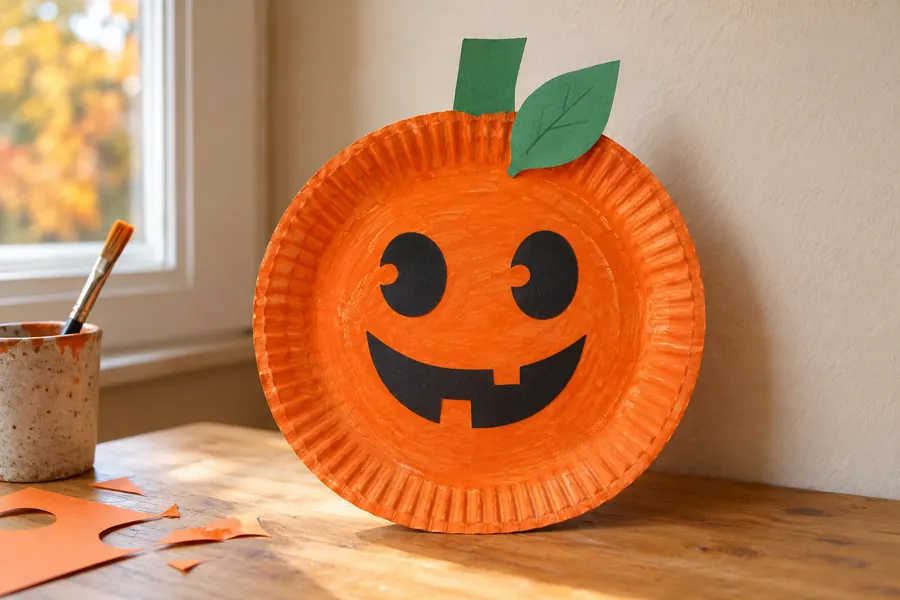 Ein orange bemalter Pappteller mit grünem Papierstiel und freundlichem Kürbisgesicht aus schwarzem Papier.