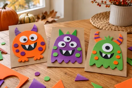 Bastelbeispiel: drei bunte Monster aus Moosgummi auf kleinen Pappkarten.