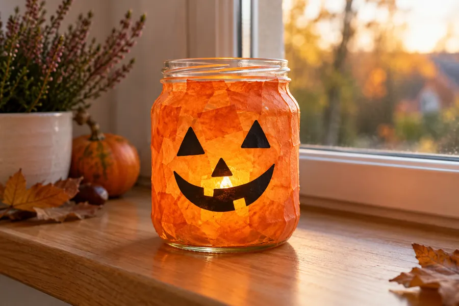 Ein Schraubglas mit orangefarbenen Seidenpapierstücken, schwarzem Kürbisgesicht und einem warm leuchtenden LED-Teelicht.